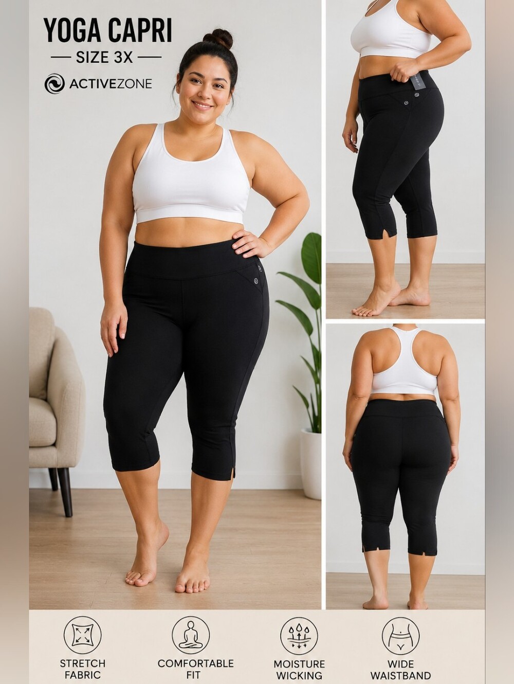 Active USA Plus-Size Black Capri Leggings with High-Rise Waist